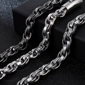 Rugged stainless steel chunky curb chain bracelet with retro oxidized silver finish