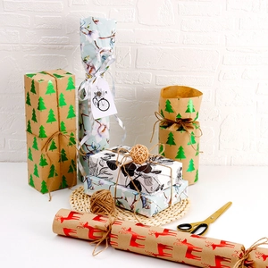 Modern gold-stamped gift wrapping paper with festive patterns and vintage leaves designs