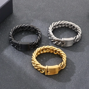 Close-up of 18mm wide Cuban chain bracelets in black, gold and silver finishes