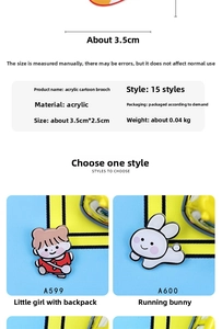 Detail view of cute acrylic cartoon rabbit brooches with size specs and design features