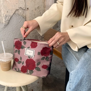 Vintage rose brocade makeup bag in soft pink with Pleasant Time text for women