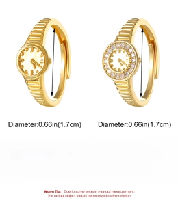 Detailed view of adjustable watch-style gold rings with crystal inlay and dimensions