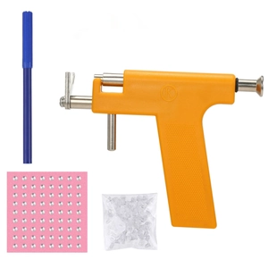 Manual ear piercing tool kit with orange piercer, blue marker, and metal stud set