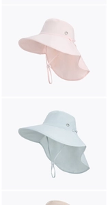 Détails de chapeaux de soleil avec protège-nuque en rose et bleu, dotés de mentonnières