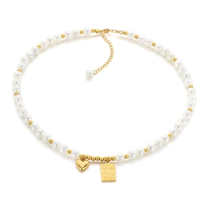 French style pearl beaded necklace with heart and square charms in gold stainless steel