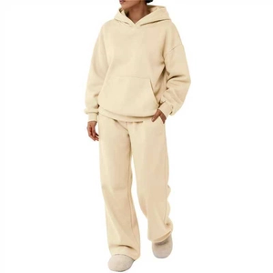 Solid Color Women Hooded Sweatshirt And Wide Leg Pants Loungewear Casual Sporty Polyester Long Sleeve Hoodie Trousers