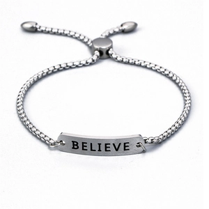 Believe Engraved Plate Bracelet Stainless Steel Adjustable Sliding Buckle Box Chain Inspirational Jewelry Unisex