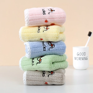 Soft coral fleece kids face towels in five colors with cute duck embroidery and loop