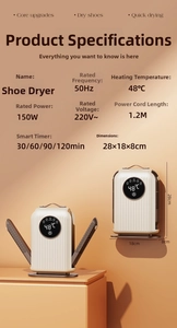 Detailed spec sheet showing dimensions 28x18x8cm and timer settings for shoe dryer