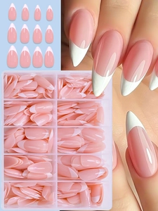 Pink French almond press-on nails set with storage box and various sizes displayed