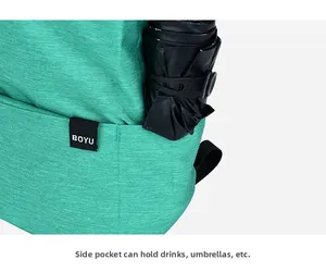 Close-up of green backpack side pocket with grey texture holding a black umbrella