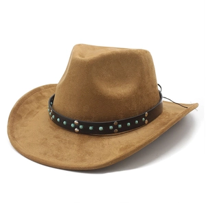 Classic brown suede western cowboy hat with beaded leather band and silver studs