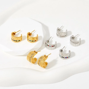 Gehämmerte C-Creolen Aus Edelstahl Mit Bunten Strasssteinen Vintage Trendy Modeschmuck Für Damen