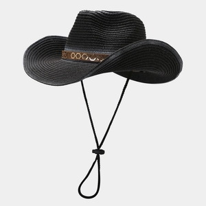 Chapeau de paille noir pour femme avec ruban doré et cordon ajustable de soleil