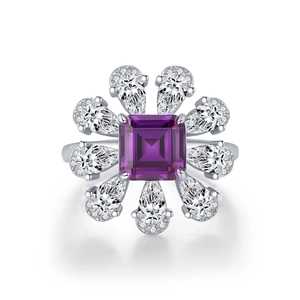 Exquisite S925 silver ring featuring a violet square crystal and floral halo pavé diamonds