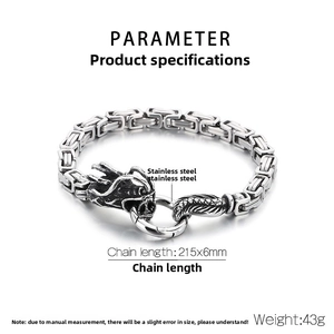 Detail view of retro stainless steel dragon head bracelet with black finish and measurements
