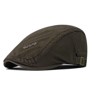 Detail of olive green cotton ivy cap featuring sports metal logo and bronze buckle