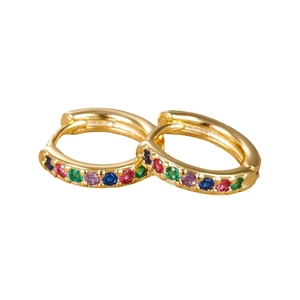 18K gold plated rainbow hoop earrings featuring colorful cubic zirconia stones in a pair