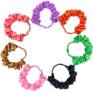 Set of 8 premium satin pleated elastic headbands in various solid colors for women
