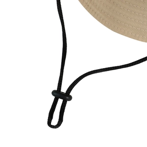 Detail of adjustable windproof chin strap and toggle on a khaki outdoor sun hat