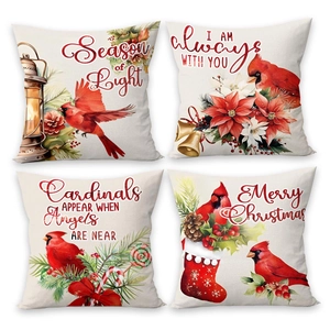 Set of 4 vintage cardinal Christmas pillow covers with festive floral and stocking prints