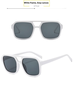 Detailed close-up of retro square double-bridge sunglasses with white frames and gray lenses