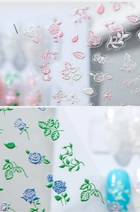 Macro view of 3D embossed rose nail art stickers with intricate floral relief textures
