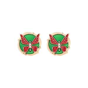 Minimalist red butterfly stud earrings with green base and pearls on white background