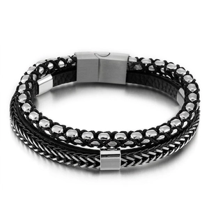 Men's Multi-Layer Braided Leather Bracelet With Stainless Steel Beads And Chain Magnetic Clasp Punk Style