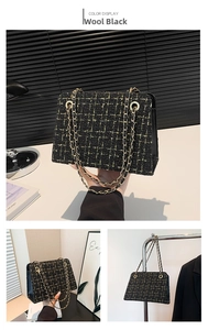 Detail of black tweed crossbody bag with gold metallic threads and leather-woven chain strap