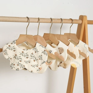 5-pack petal-shaped organic muslin cotton baby bibs with cute animal and rainbow prints