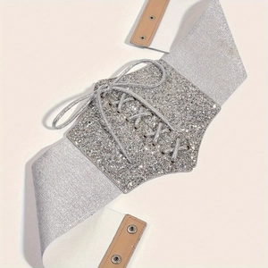 Sparkly silver sequin elastic waist belt with lace-up tie design for dresses and shirts