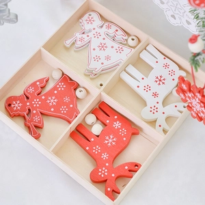 Nordic wooden Christmas ornaments set featuring red and white reindeer and angel shapes