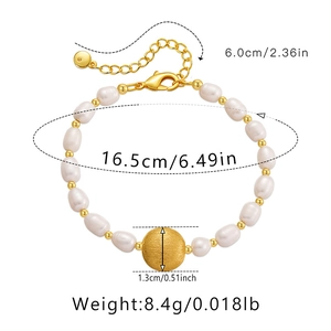 Detail view of freshwater pearl bracelet with size dimensions and gold metal beads