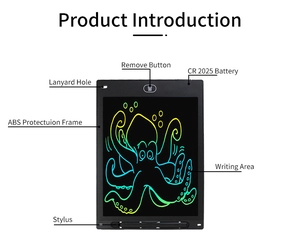 Detailed technical diagram of 12-inch LCD writing tablet features and parts