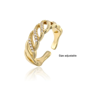 18K gold Cuban chain open ring with micro-paved zircons and adjustable size feature