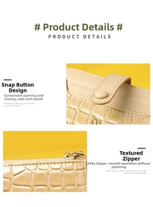 Detail view of beige crocodile embossed leather wallet with metal zipper and snap closure