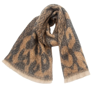 Close-up of thick brown and grey leopard print scarf with soft fringe edge detailing