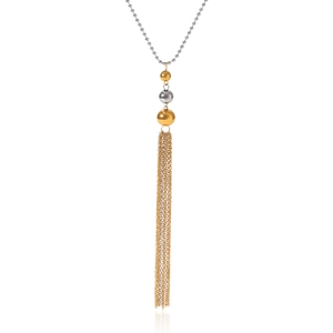 Detail of 18K gold and silver beaded Y-necklace with elegant long metal fringe tassels