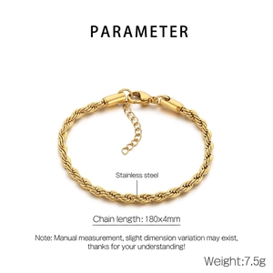Detail view of twisted rope stainless steel bracelet showing 180mm length and 4mm width