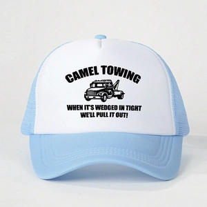 Detail of blue and white trucker hat featuring Camel Towing print and breathable mesh back