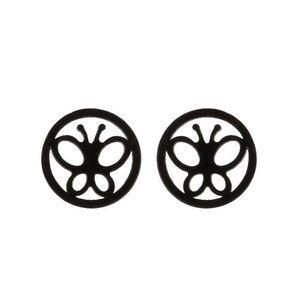 Makroaufnahme matter schwarzer Schmetterlings-Ohrstecker mit kreisförmigem Hohldesign