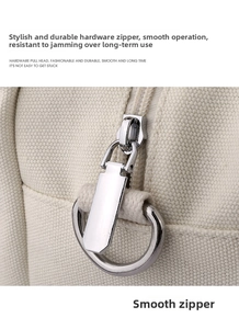 Close-up of bright silver metal zipper pull on premium beige canvas handbag detail