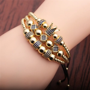 Luxury Crown Beaded Bracelets Blue Micro Pave Cubic Zirconia Copper Alloy Adjustable Braided Rope Jewelry Men