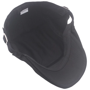 Detail of 100% cotton black beret showing internal sweatband and adjustment buckle