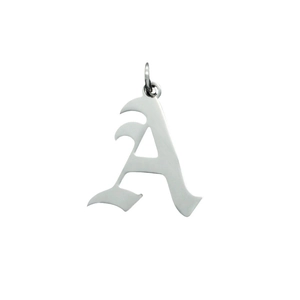 Polished silver stainless steel hollow Gothic letter A pendant with top jump ring