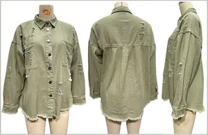 Detailed views of light olive denim jacket with distressed ripped holes and frayed hem