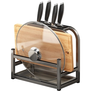 Multifunctional black stainless steel kitchen rack for knives, cutting boards and pot lids
