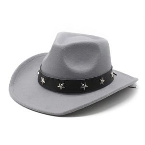Detail of grey felt cowboy hat with black band and silver star rivets on brim