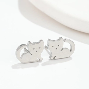 Polished stainless steel cat shaped stud earrings in silver finish for women